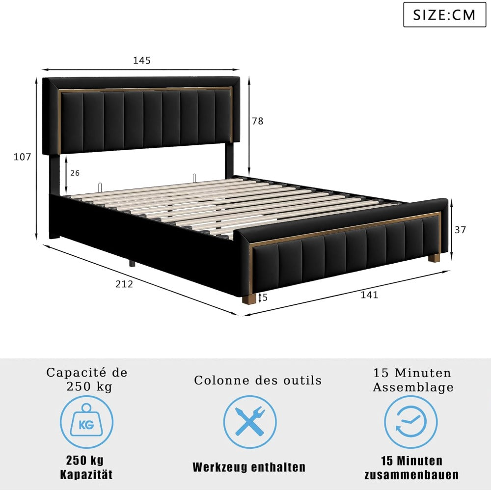 Bedframe – Tweepersoonsbed – Fluwelen Bed – Opbergbed – Hydraulisch Bed – Zwart – Met Hoofdeind – Houten Lattenbodem – Makkelijk Te Monteren