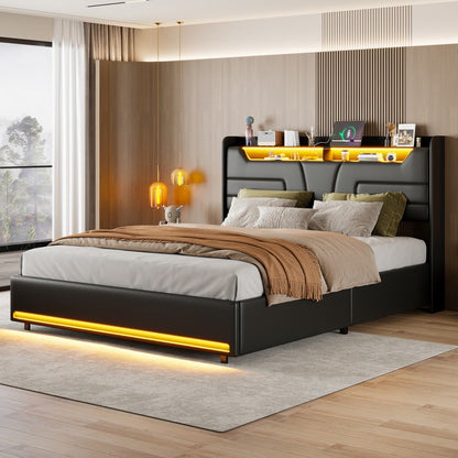 Tweepersoonsbed – Led Bed – Opbergbed – Gasliftbed – PU Leer Bed – 140x200 cm – LED Verlichting Met Afstandsbediening – Ingebouwde USB- en Type-C-poorten