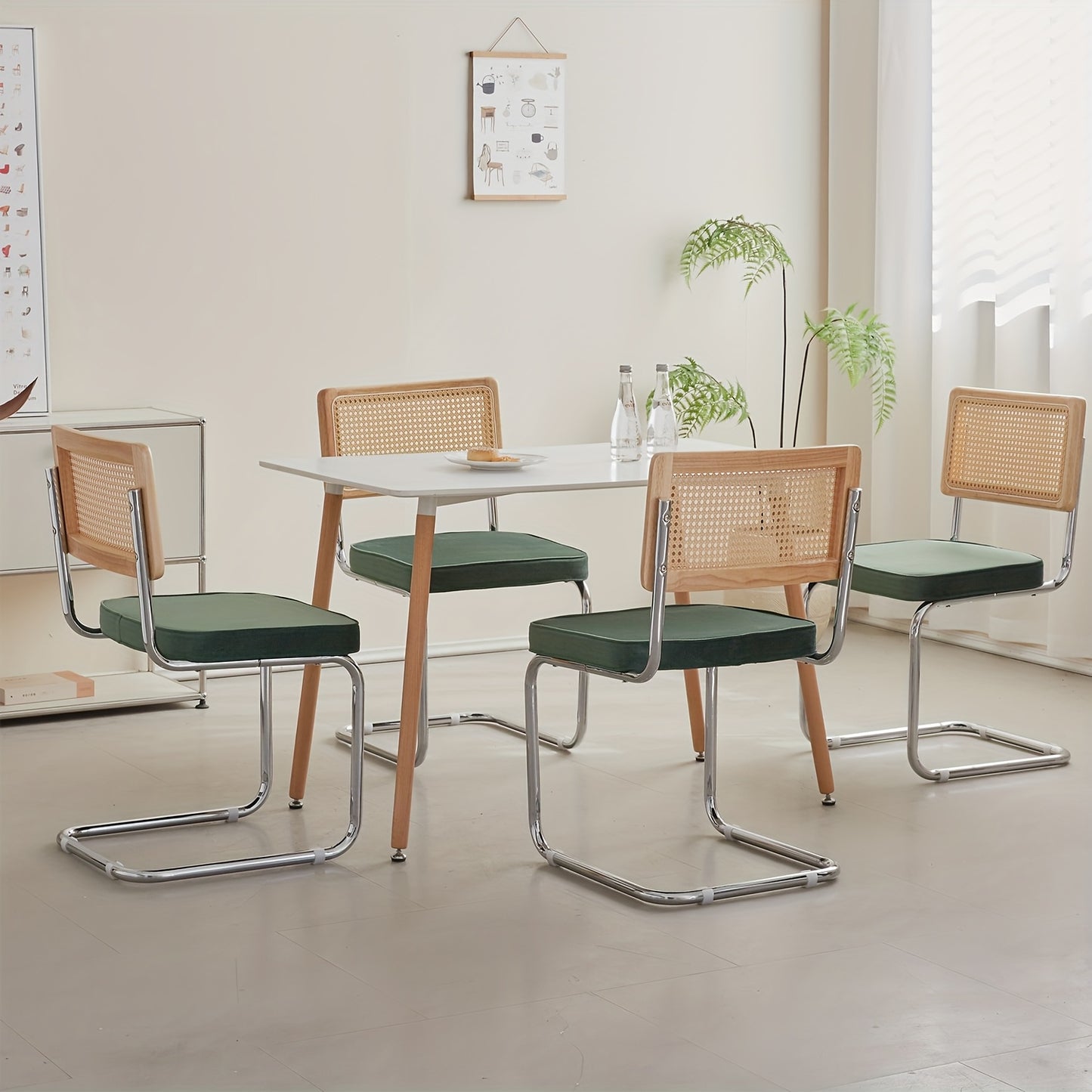Eetkamerstoel – Kuipstoel – Stoel – Keukenstoel – Set van 4 – Fluwelen Bekleding – Chromen Poten – Handgevlochten Rattan Rugleuning – Comfortabele Sponsvulling – Mid-Century Modern Design