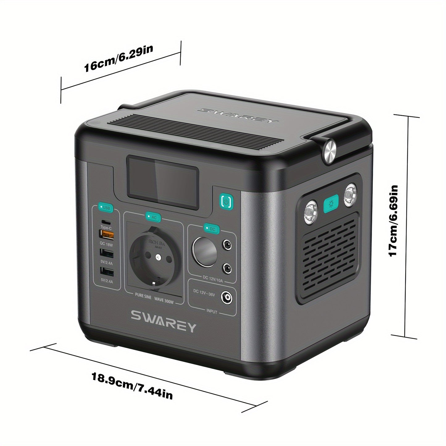SWAREY Portable Power Station | 222 Wh Lithium Batteries, 300 W (Peak 600 W) AC Output, 65 W USB-C Port, Solar Power Bank for Outdoor, Camping, Travel, Fishing, Motorhome