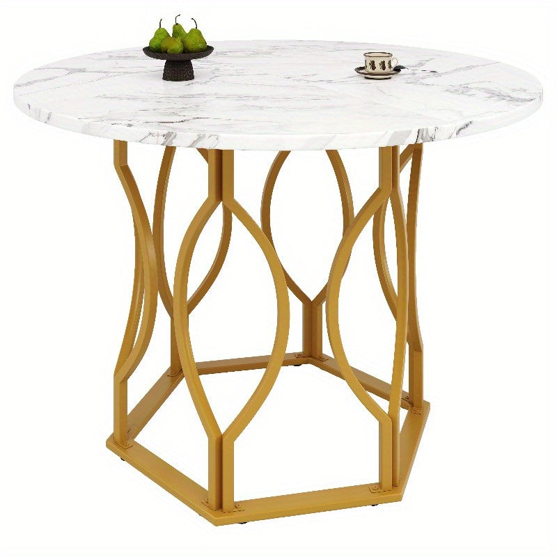 Ronde Eettafel – Moderne Tafel – Bistrotafel – Keukentafel – Tafel Met Marmeren Blad – 100 cm Rond – Gouden Metalen Poten – Stijlvol Marmerdesign – Compact Voor Kleine Ruimtes