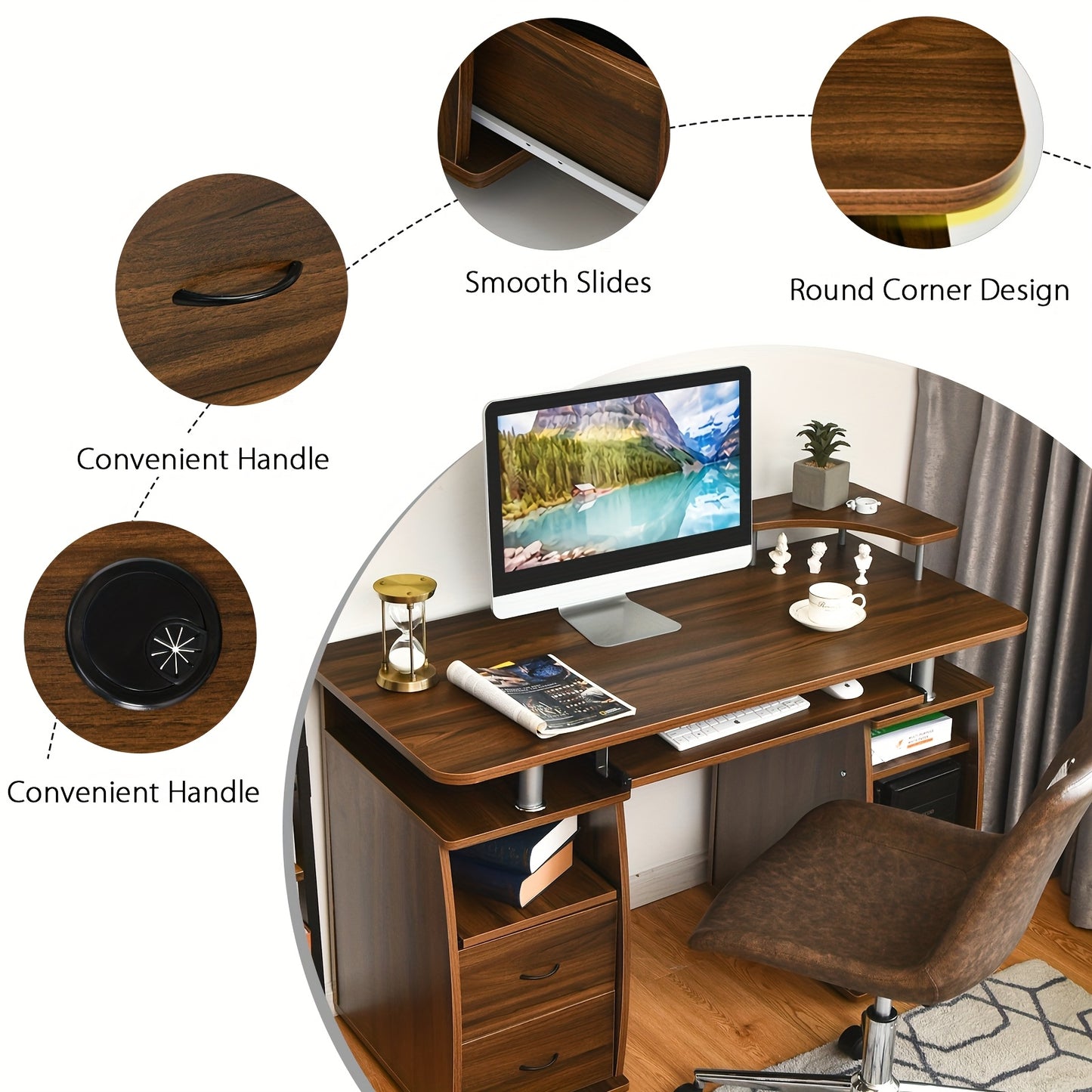 Computertafel – Bureau – Werktafel – Study Desk – Thuiswerkplek – Walnoot Hout – Ruime Werkoppervlakte 120x55 cm – Incl. Toetsenbordplaat & Printerrek