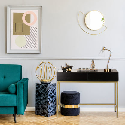 Sidetafel – Bijzettafel – Wandtafel – Haltafel – Consoletafel – Gouden Metalen Frame – Zwart Houten Blad – 2 Lades – Compact 80x110x40 cm