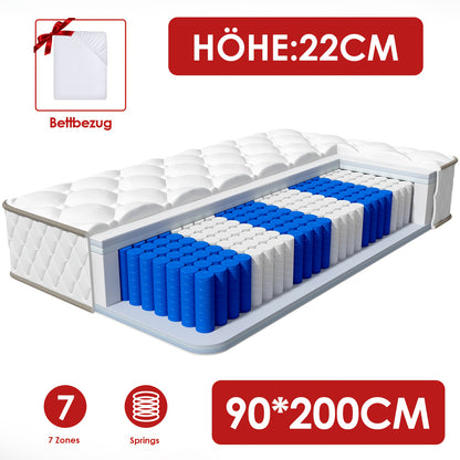 Authmic 140X200Cm Pocket Spring Mattress with 7 Zones, Firmness Level H3, 22Cm Height, Featuring a Removable And Washable Cotton Cover, Designed for Adults.