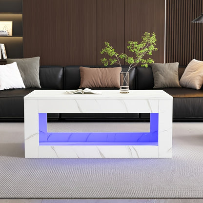 Salontafel – Koffietafel – Woonkamertafel – Tafel – Bijzettafel – Rechthoekig – Bamboe Frame – Marmerlook Blad – 2 Lades & 2 Verborgen Vakken – Duurzaam & Multifunctioneel