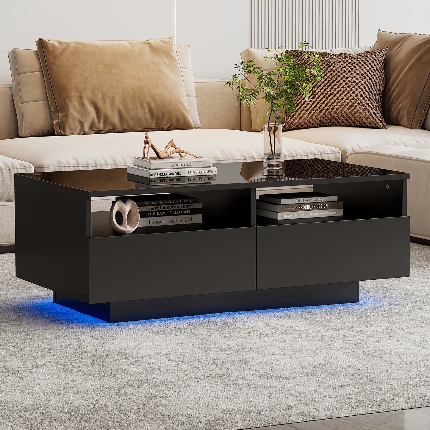 Salontafel – Koffietafel – Bijzettafel – Woonkamertafel – Opbergtafel – Modern Hoogglans Zwart – 2 Lades – Duurzaam Niet-Houten Materiaal