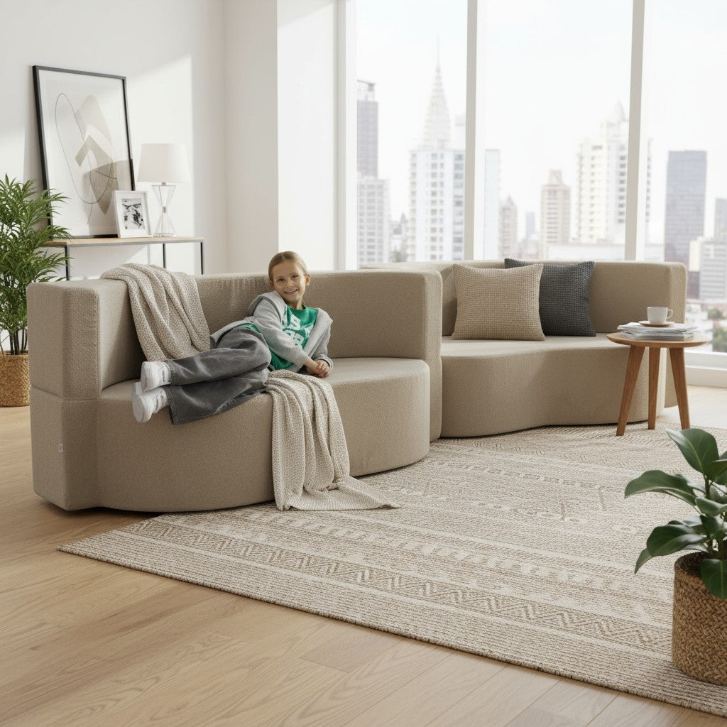 Slaapbank – Bedbank – Slaapcorner – Logeerbank – Bankbed – Beige Boucle Stof – 40 cm Memory Foam Matras – Inclusief Kinderzitkussens