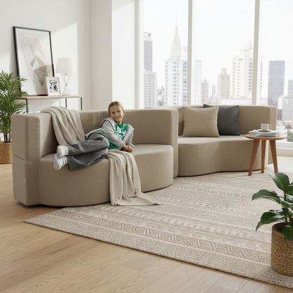 Slaapbank – Bedbank – Slaapcorner – Logeerbank – Bankbed – Beige Boucle Stof – 40 cm Memory Foam Matras – Inclusief Kinderzitkussens