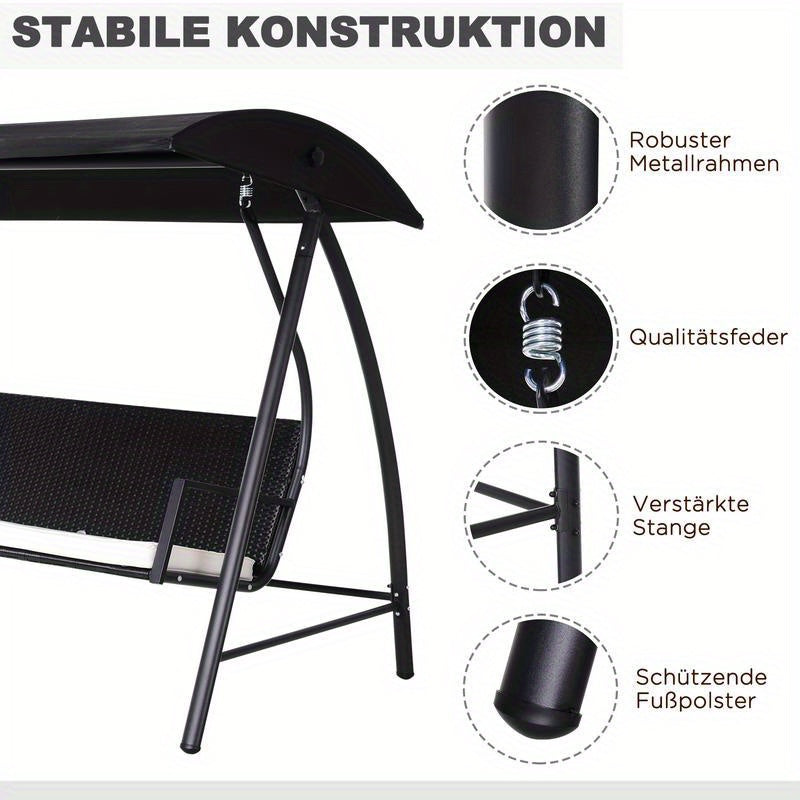 Heavy Duty Metal Porch Swing Chair with Adjustable Sun Shelter & Cushioned Seat - 360kg Capacity, 198x124x179cm Large Outdoor Swing Bed for Patio, Yard, Garden