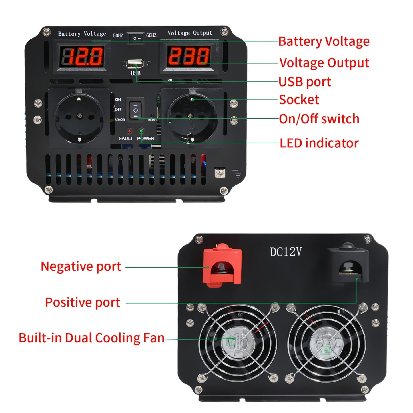 Omvormer – Spanningsomvormer – Stroomomzetter – Inverter – Converter – 3000W Zuivere Sinus – Aluminium Behuizing Met LED Display