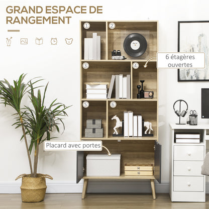 Moderne Opbergkast – Boekenkast – Kast met Deuren – Vakkenkast – Opbergmeubel – Natuurlijk Hout – 6 Open Planken – Anti-Kantel Systeem – Compact 80x35x180 cm