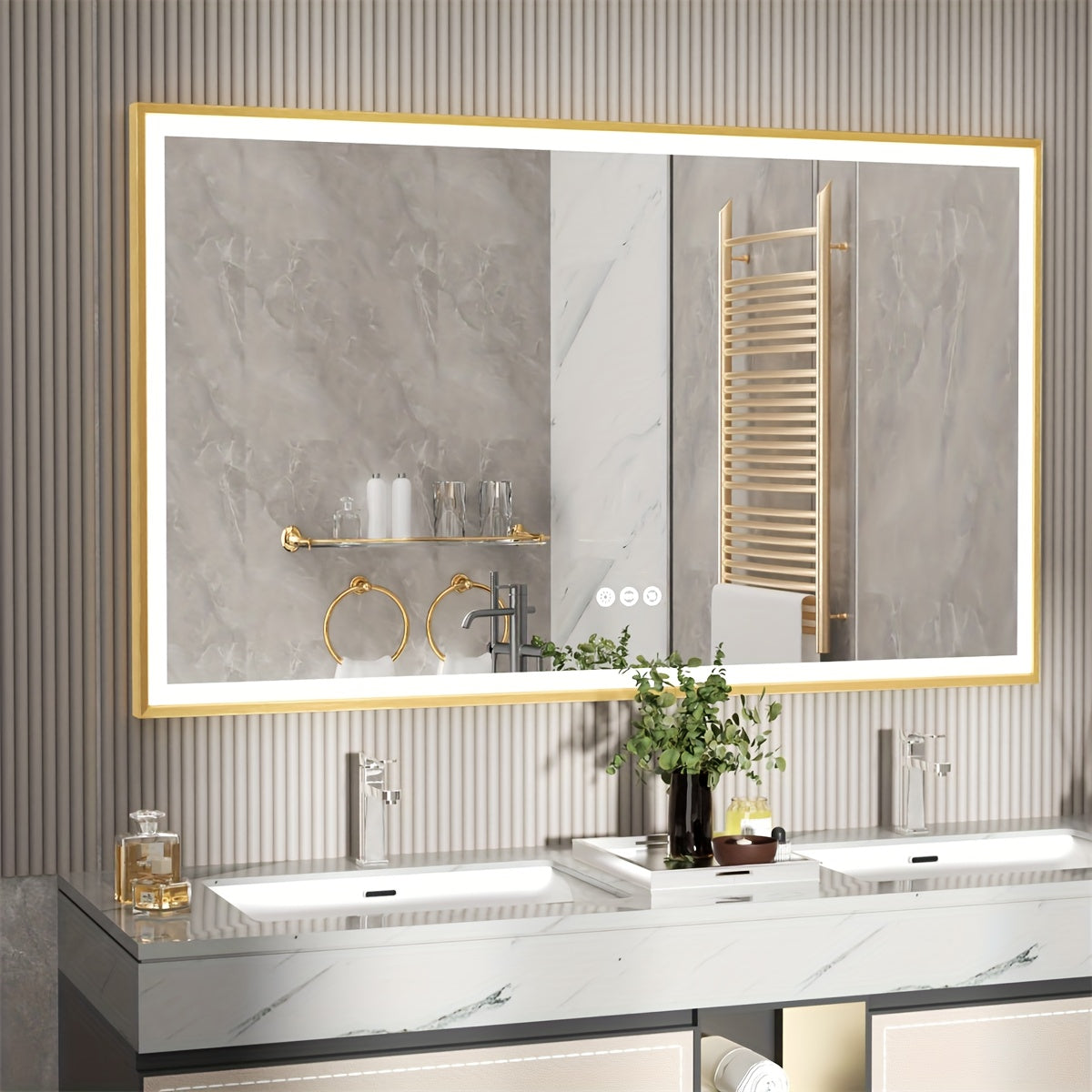 Badkamerspiegel – Spiegel – Wandspiegel – LED Spiegel – Ovale Spiegel – Gouden Aluminium Frame – Anti-Condens Met Groot Verwarmingskussen – Dimbare LED Verlichting 100x60 cm