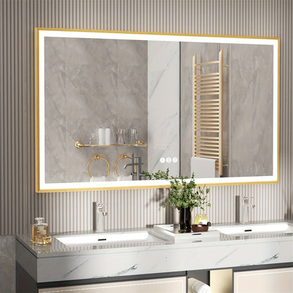 Badkamerspiegel – Spiegel – Wandspiegel – LED Spiegel – Ovale Spiegel – Gouden Aluminium Frame – Anti-Condens Met Groot Verwarmingskussen – Dimbare LED Verlichting 100x60 cm