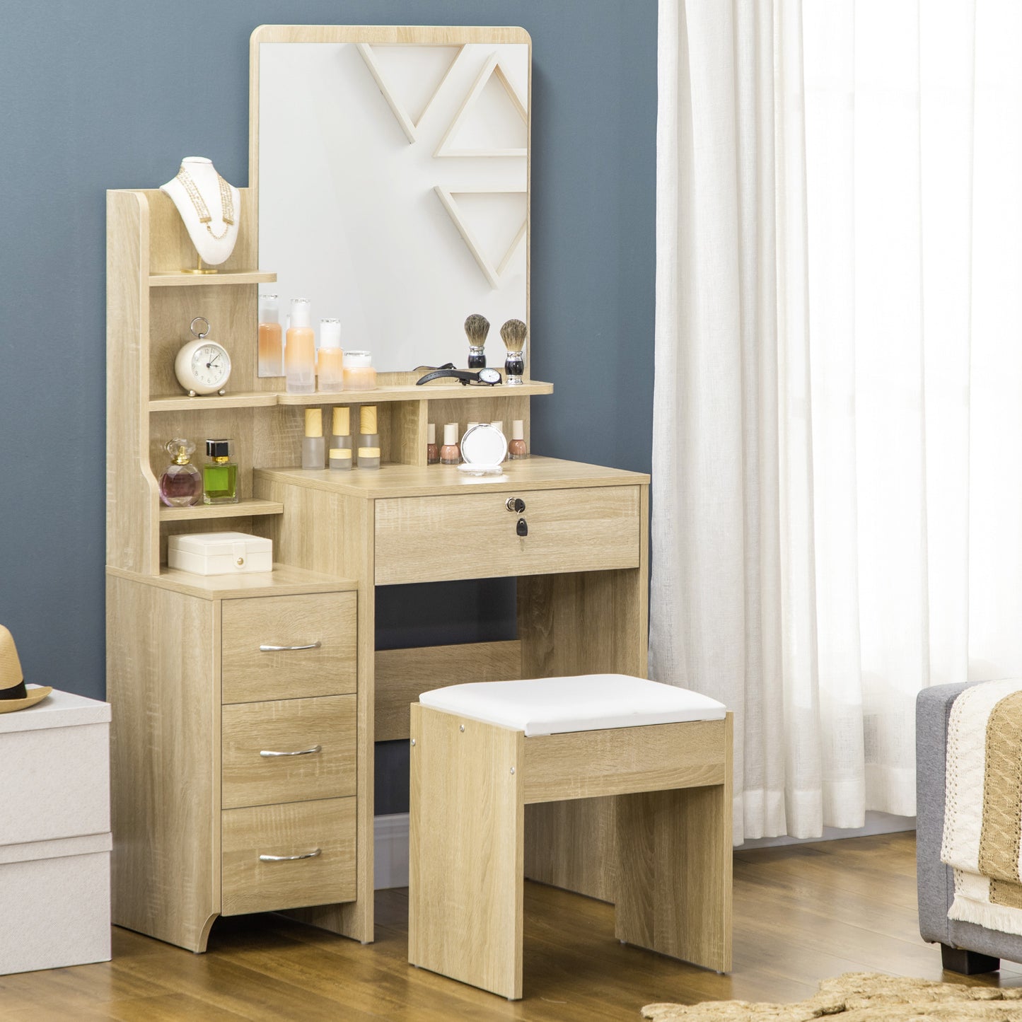 Dressing Table – Kaptafel – Make-up Tafel – Schminktafel – Toilette – Grote Spiegel – 4 Lades & Open Opbergruimte – Natuurlijk Hout