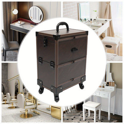 Make-up trolley – Make-up koffer – Beauty trolley – Rolling case – Cosmetica organizer – Koffiebruin – Duurzaam PU materiaal – 6 uitschuifbare trays