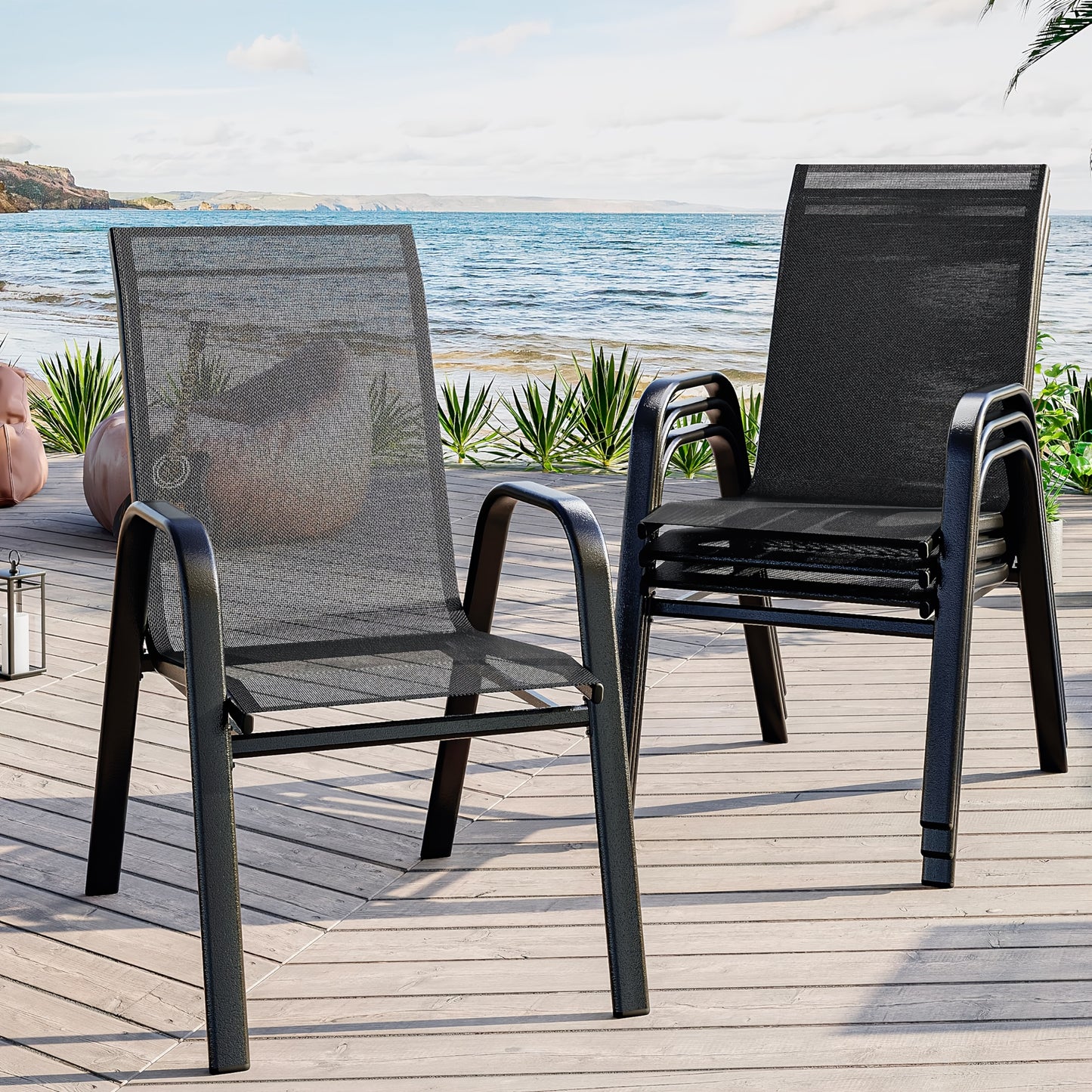 Tuinstoelen – Stapelbare Tuinstoelen – Balkonstoelen – Eettafelstoelen – Terrasstoelen – Set van 4 – Stevig Metalen Frame – Ergonomische Hoge Rugleuning