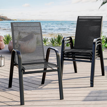 Stapelbare Tuinstoelen – Tuinstoelen – Buiteneetkamerstoelen – Terrasstoelen – Balkonstoelen – Ergonomische High-Back – Duurzaam Metalen Frame – Set Van 4 – Zwart – Gevoerde Zitkussens – Weerbestendig & Makkelijk Schoon Te Maken