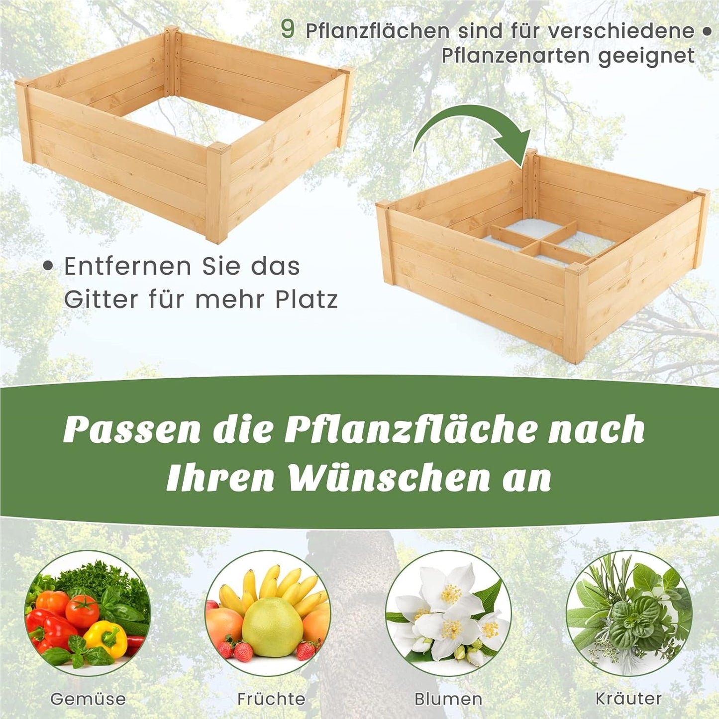 Houten Hoogtebak – Verhoogde Plantbak – Tuinbak Met Omheining – Plantenbak Voor Kruiden – Groentebak – 107x107x70 cm – 9 Plantvakken – Weerbestendig Natuurlijk Hout