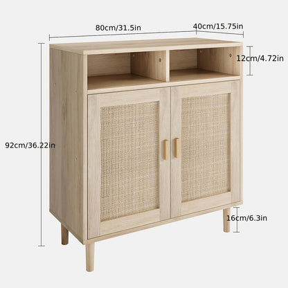 Dressoir – Opbergkast – Buffetkast – Sideboard – Dressoirkast – Rattan Deuren – Massief Houten Poten – 80x92x40 cm – 2 Open Planken
