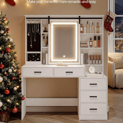 Kaptafel – Make-uptafel – Schminktisch – Beautymeubel – Vanity Table – Wit – Verstelbare LED-verlichting – Groot verstelbaar spiegelpaneel