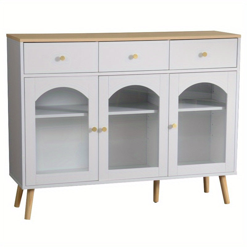 Wit metalen dressoir – buffetkast – opbergkast – keukenkast – vitrinekast – 3 lades & 3 gebogen glazen deuren – stevig metaal met brede opbergruimte