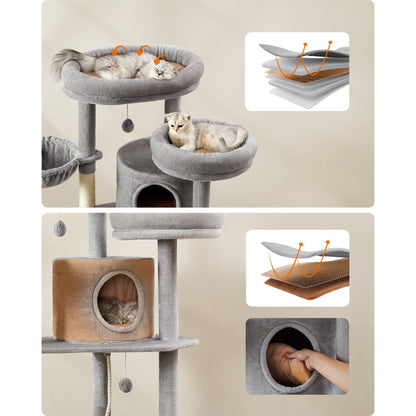 Krabpaal – Kattenboom – Kattenhuis – Krabmeubel – Kattenmand – Extra Groot 196 cm – 5 Sisal Krabpalen & Anti-Kantel Systeem - Lichtgrijs