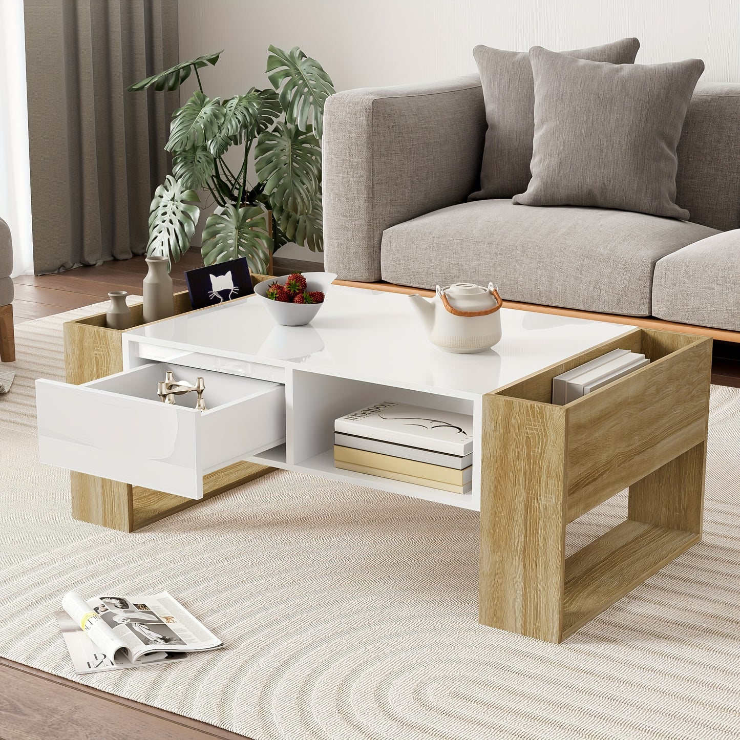 Salontafel – Koffietafel – Tafel – Woonkamertafel – Modern – Hout + Wit – Hoogglans Afwerking – 105x60x40 cm – Met Lades en Open Vakken