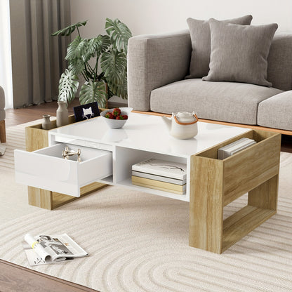 Salontafel – Koffietafel – Tafel – Woonkamertafel – Modern – Hout + Wit – Hoogglans Afwerking – 105x60x40 cm – Met Lades en Open Vakken
