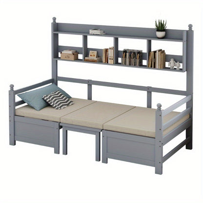 Multifunctionele Slaapbank – Logeerbank – Bedbank – Slaapbed – Studiebank – 200x90 cm – 2-in-1 Ontwerp Met Opbergrek – Comfortabele Grijze Kussens