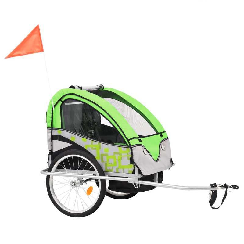 Fietsaanhanger – Fietskar – Kinderwagen – Stroller – Buggy – 2-in-1 Systeem – Eenvoudig Om Te Schakelen – Groen-Grijs