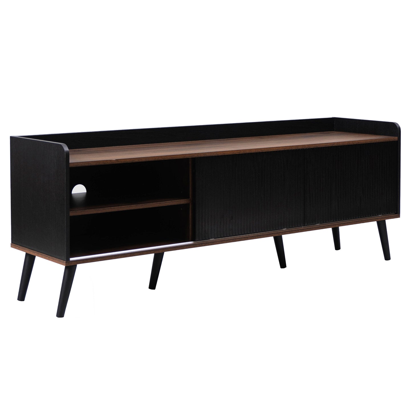 Tv-meubel – Tv-kast – Lowboard – Mediameubel – Tv-dressoir – Wit en Houtlook – 160 cm Breedte – Gestreepte Schuifdeuren met Lades