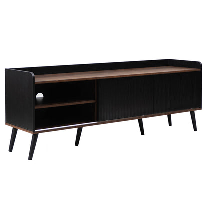 Tv-meubel – Tv-kast – Lowboard – Mediameubel – Tv-dressoir – Wit en Houtlook – 160 cm Breedte – Gestreepte Schuifdeuren met Lades