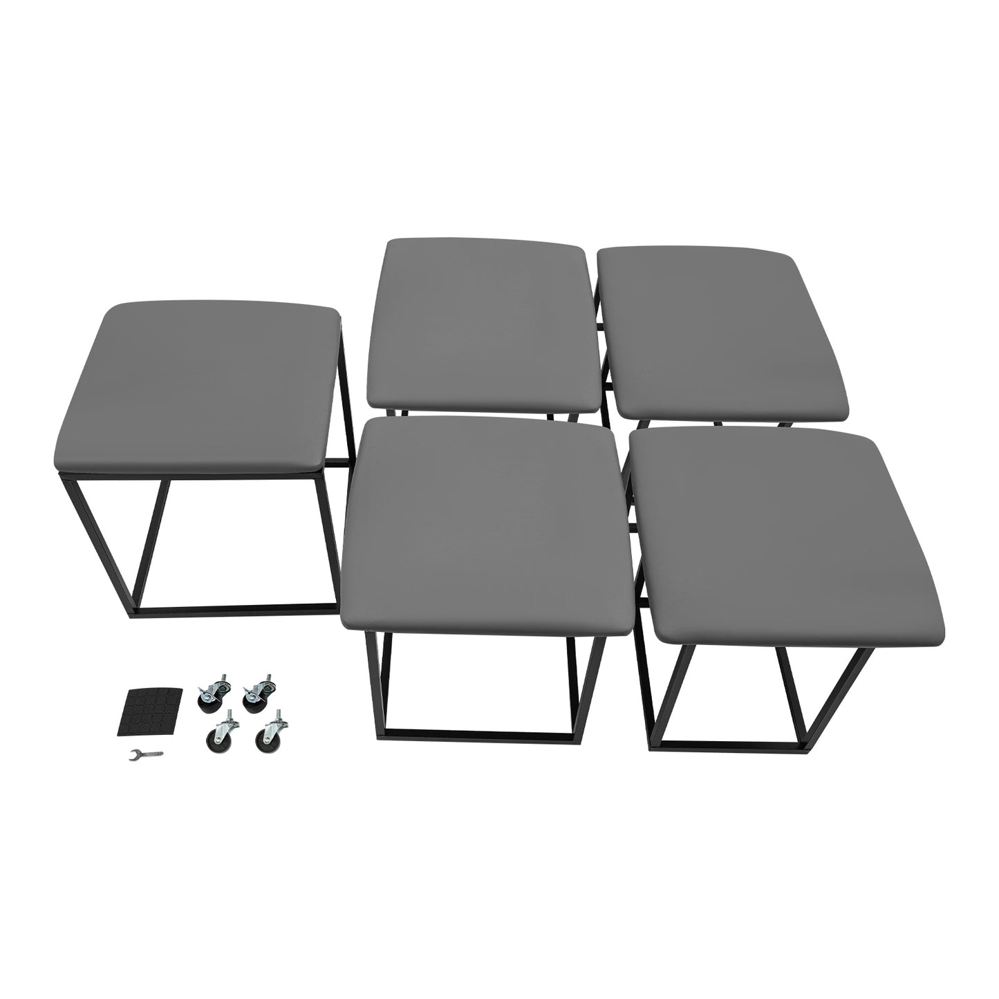 5-in-1 Sofa Kruk – Stapelbare Kruk – Voetenbank – Schoenbank – Bijzettafel – Grijs – Zwenkwieltjes – Stevig Stalen Frame – Max 99,79 kg Draagvermogen
