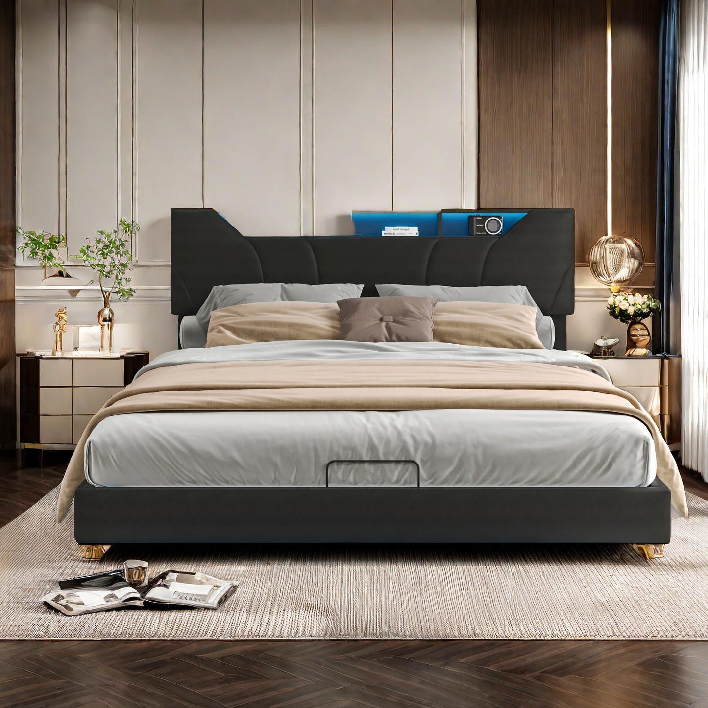 Gestoffeerd Bed – Tweepersoonsbed – Opbergbed – Led Sfeerverlichting Bed – Bed Met USB Oplader – 140x200 cm – Opbergruimte Met Hydraulische Gasveren – Lattenbodem & Zwart PU-Leder