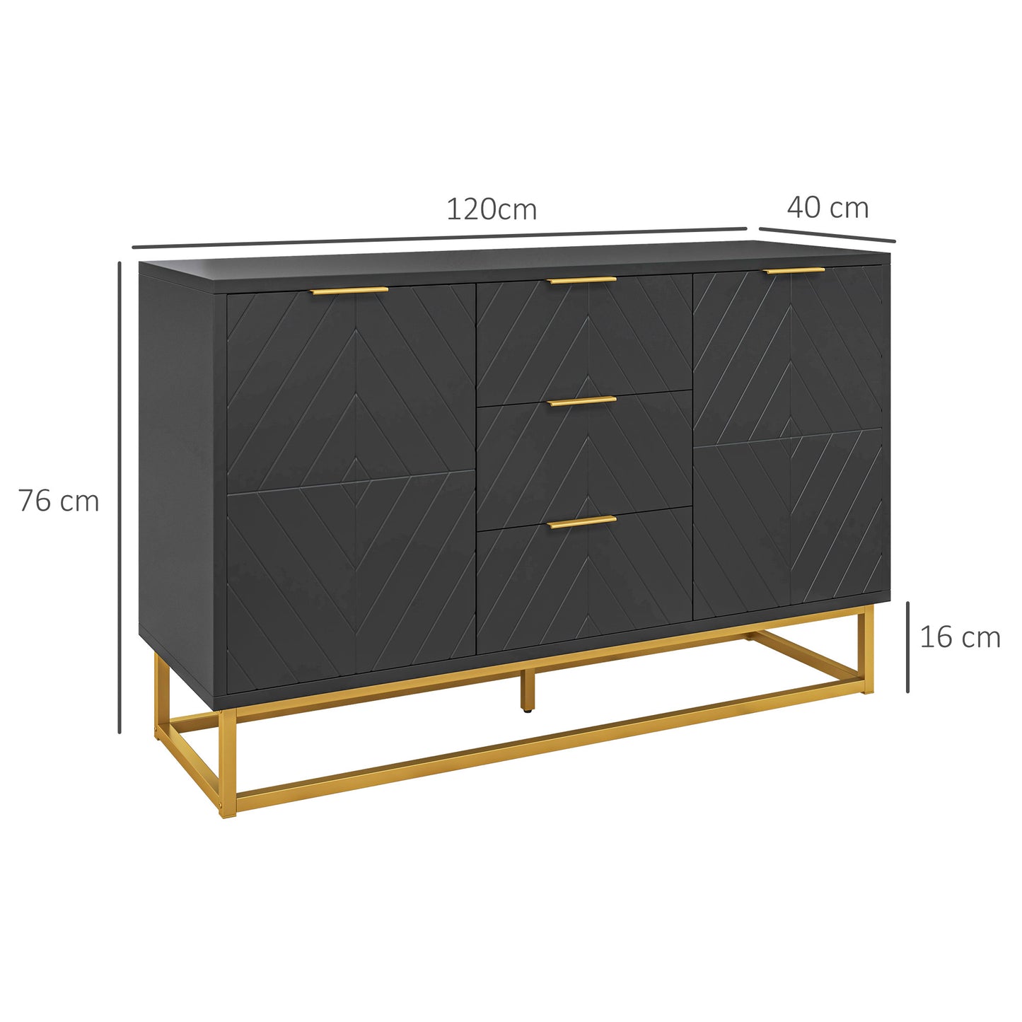 Buffet – Dressoir – Opbergkast – Sideboard – Zwarte houtlook met gouden accenten – Verstelbare planken en 3 schuifladen – Krasbestendig MDF – Anti-kantel veilig