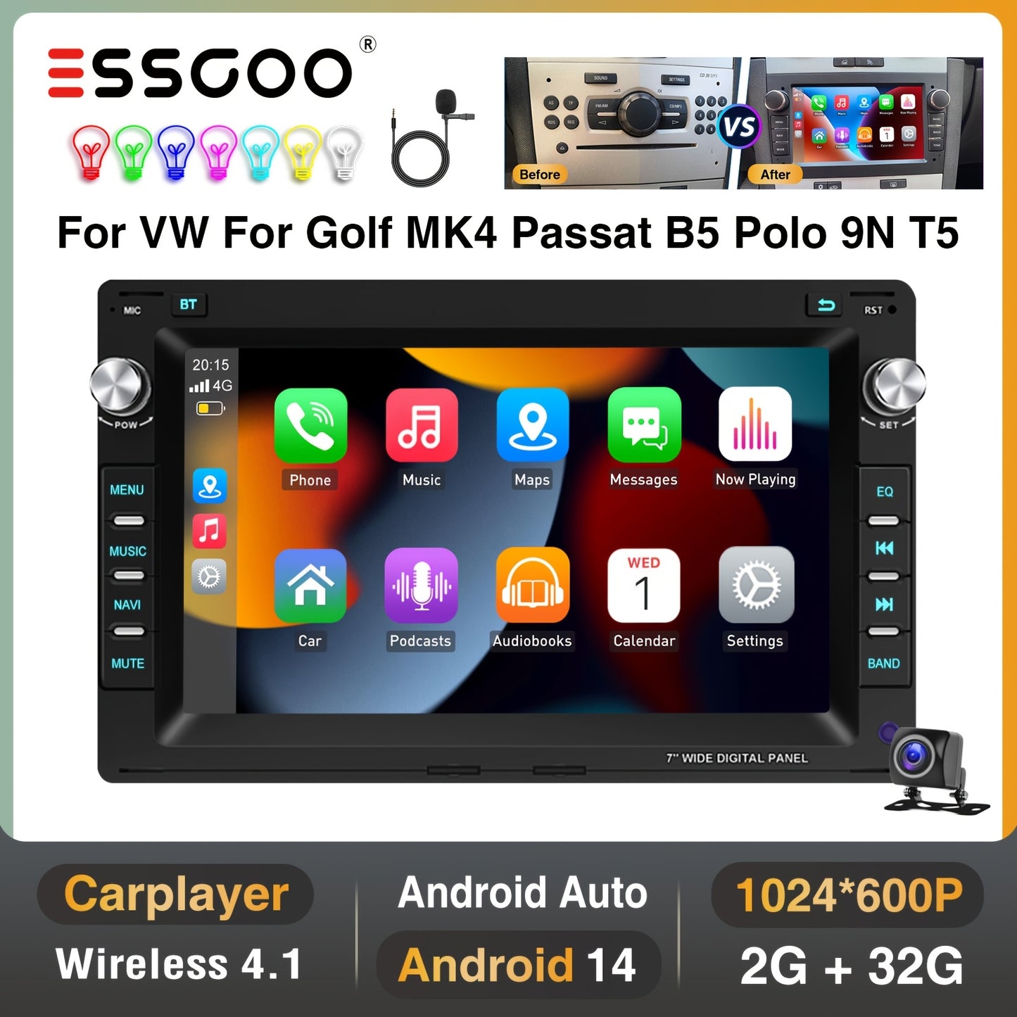 7-inch Android Autoradio – Multimedia Radio – Navigatie Systeem – Android Auto – Wireless CarPlay – Met Microfoon & Achteruitrijcamera – HD Touchscreen – 2 GB RAM 32 GB Opslag