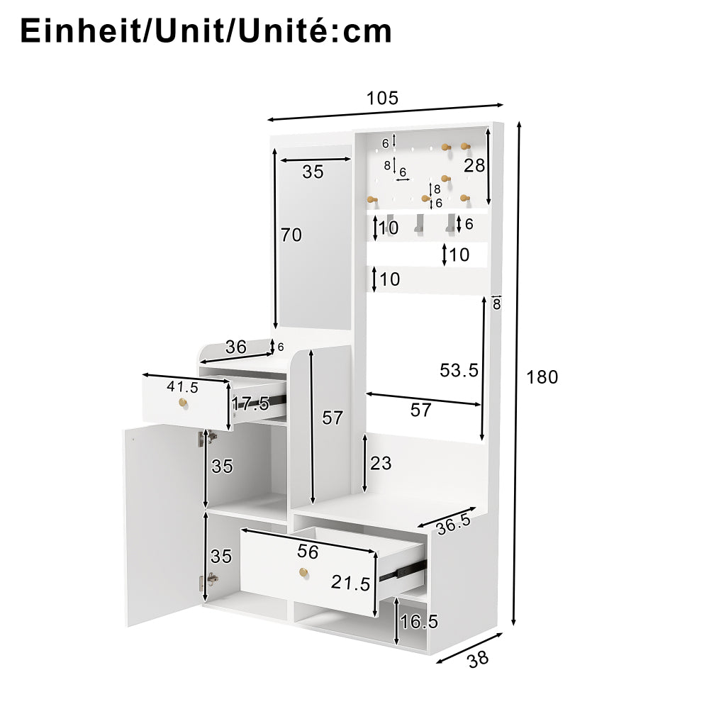 Kledingkast – Garderobekast – Opbergkast – Kleerkast – Garderobe – Compact Wit – Met Spiegeldeur – Met Verstelbare Planken en 2 Lades – Ruimtebesparend Met Stevig Metalen Frame