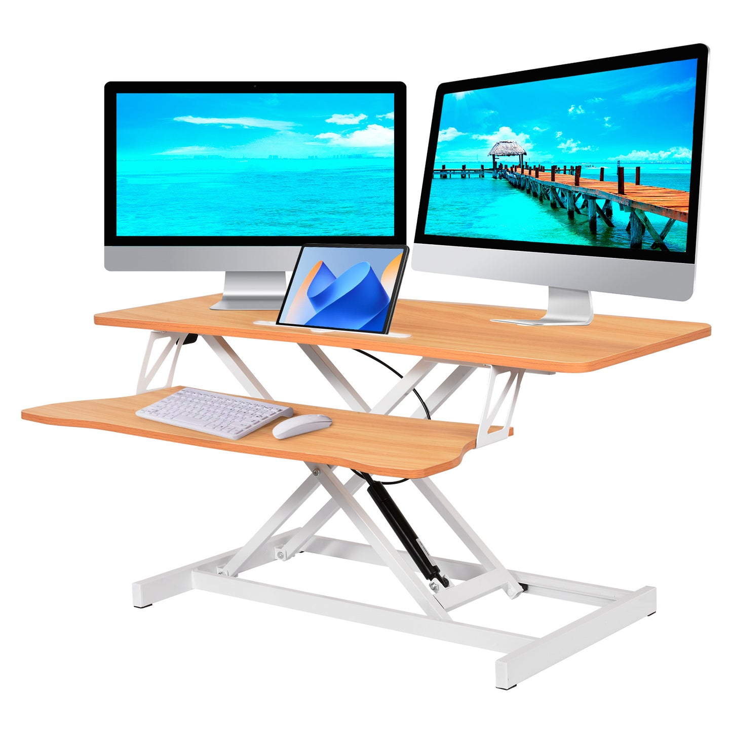 37-Inch Wide Height-Adjustable Dual Monitor Desk Converter with Manual Gas Spring Lift (46.99cm Raised Height) - Heavy-Duty Metal Frame for Office, Space-Saving Computer Workstation, Desktop Stand Compatible with Two Monitors