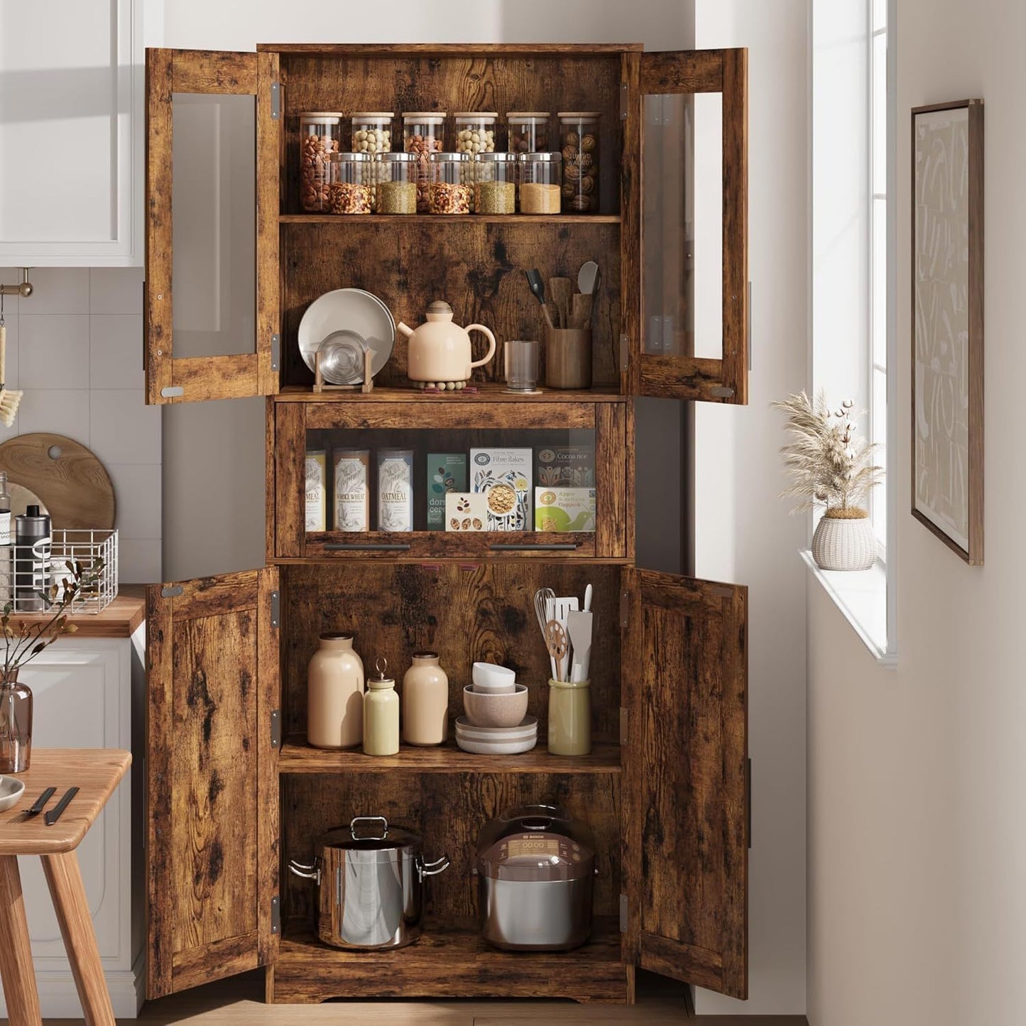 Large Storage Cabinet with Glass Doors | Tall Hardwood Cabinet with Drawers and Shelves, Modern Style, Floor Mount, Brown, Retro Double Door for Hallway and Bedroom