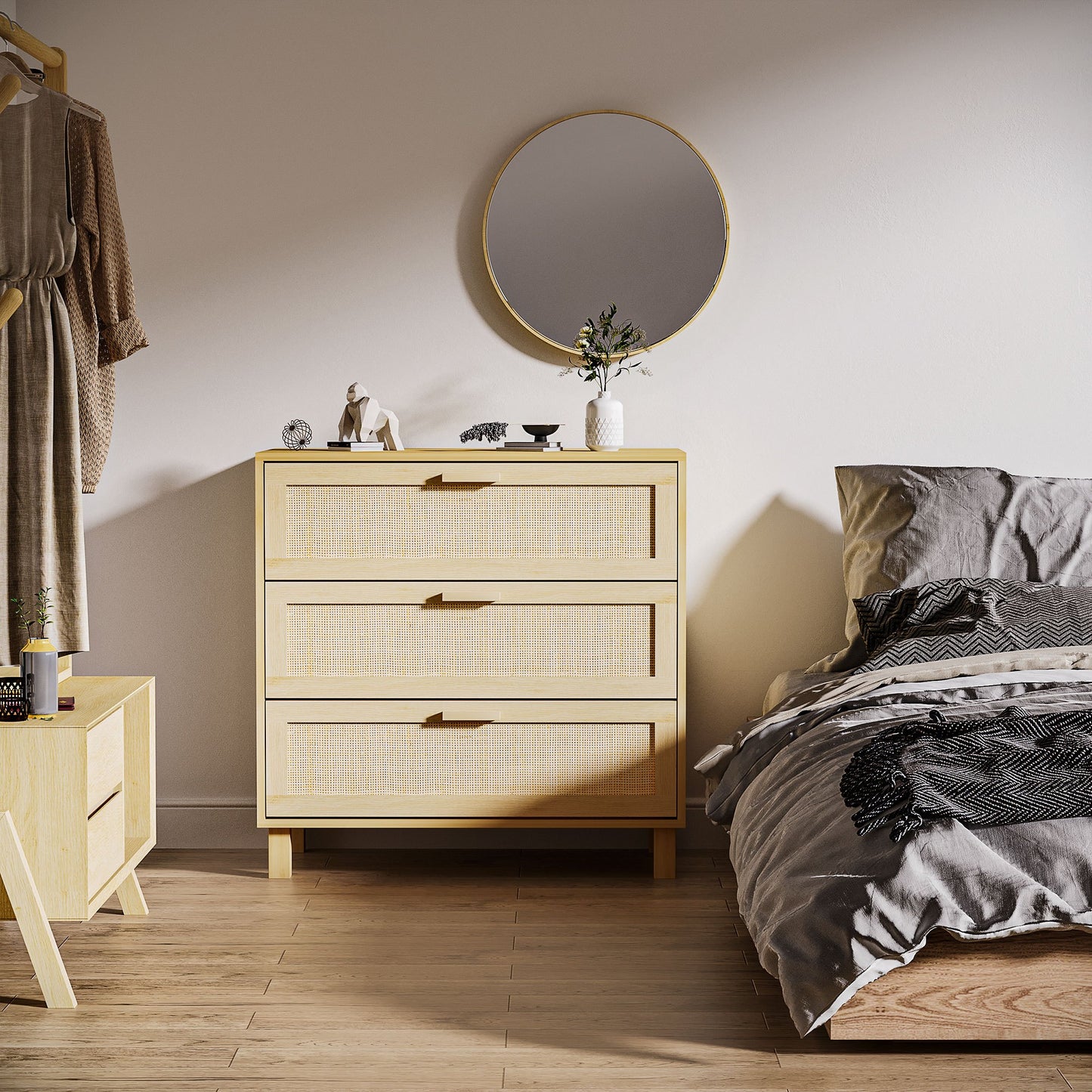 Opbergkast – Ladekast – Commode – Dressoir – Kast Beige – 3 Grote Lades – MDF Met Rotan Fronten