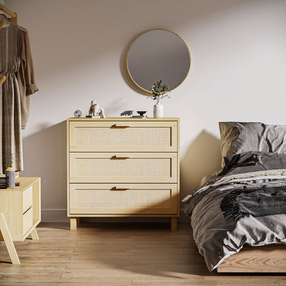 Opbergkast – Ladekast – Commode – Dressoir – Kast Beige – 3 Grote Lades – MDF Met Rotan Fronten