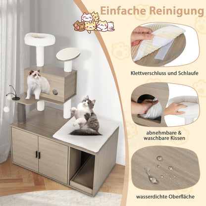 Kattenmeubel – Krabmeubel – Kattenbakkast – Kattenhuis – Kattenkrabpaal – Met Verborgen Kattenbak – Met Speelplezier en Pluche Zitplek – Grijs – Duurzaam MDF en Sisal