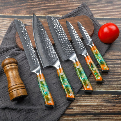 Damascus Kitchen Cooking Knife Set, Ultra Sharp Japanese VG-10 Steel with Resin Handle, Professional Kitchen Chef Knife Perfect Gift, Fantasy Orange Of YAO Series