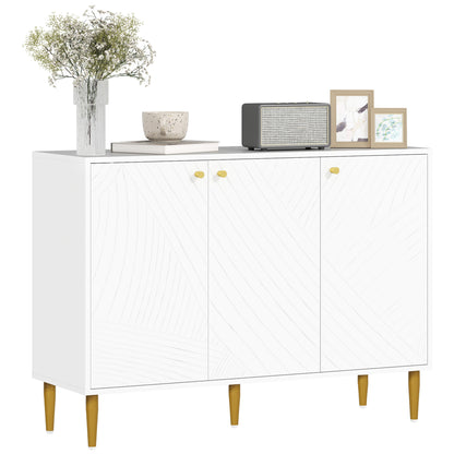 HOMCOM Buffet, Storage Furniture, with 2 Cabinets, 3 Carved Line Doors, Adjustable Shelves, Golden Steel Feet, White