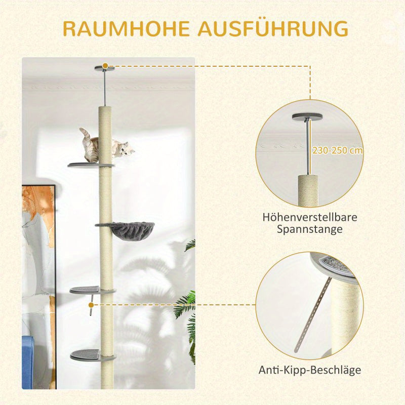 Krabpaal – Kattenkrabpaal – Kattenboom – Krabmeubel – Kattentoren – Verstelbaar tot 250 cm – Stevige Houten Basis – Hangmat – Sisal Kraboppervlakken – Grijs