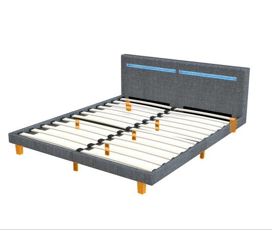 Bedframe – Bed – Tweepersoonsbed – Queensize Bed – Slaapbank – Grijs Gestoffeerd – 160x200 cm – Stevig Metaal & Houten Lattenbodem