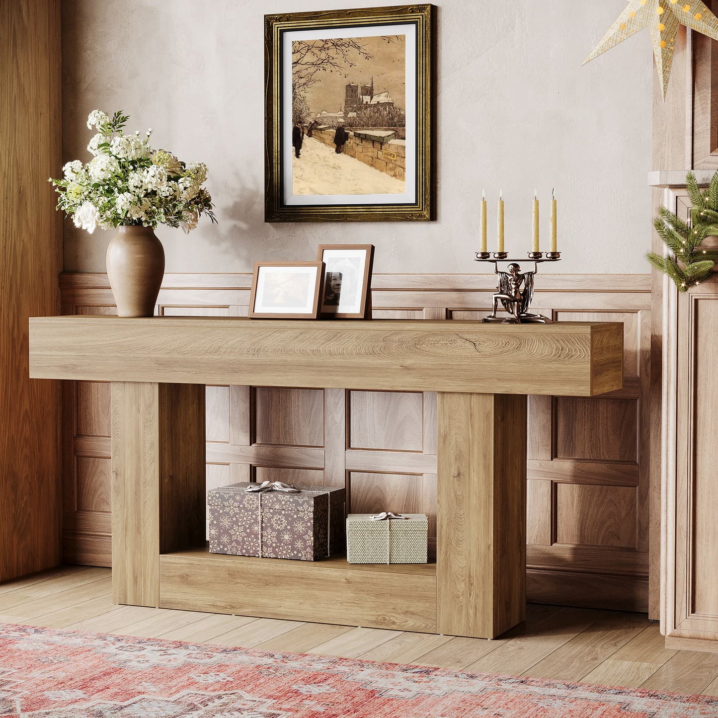 Farmhouse Sidetable – Sidetable – Console Tafel – Sofa Tafel – Haltafel – Lichtbruin – 160 cm Breed – Stevige Houten Constructie met 2 Opbergniveaus