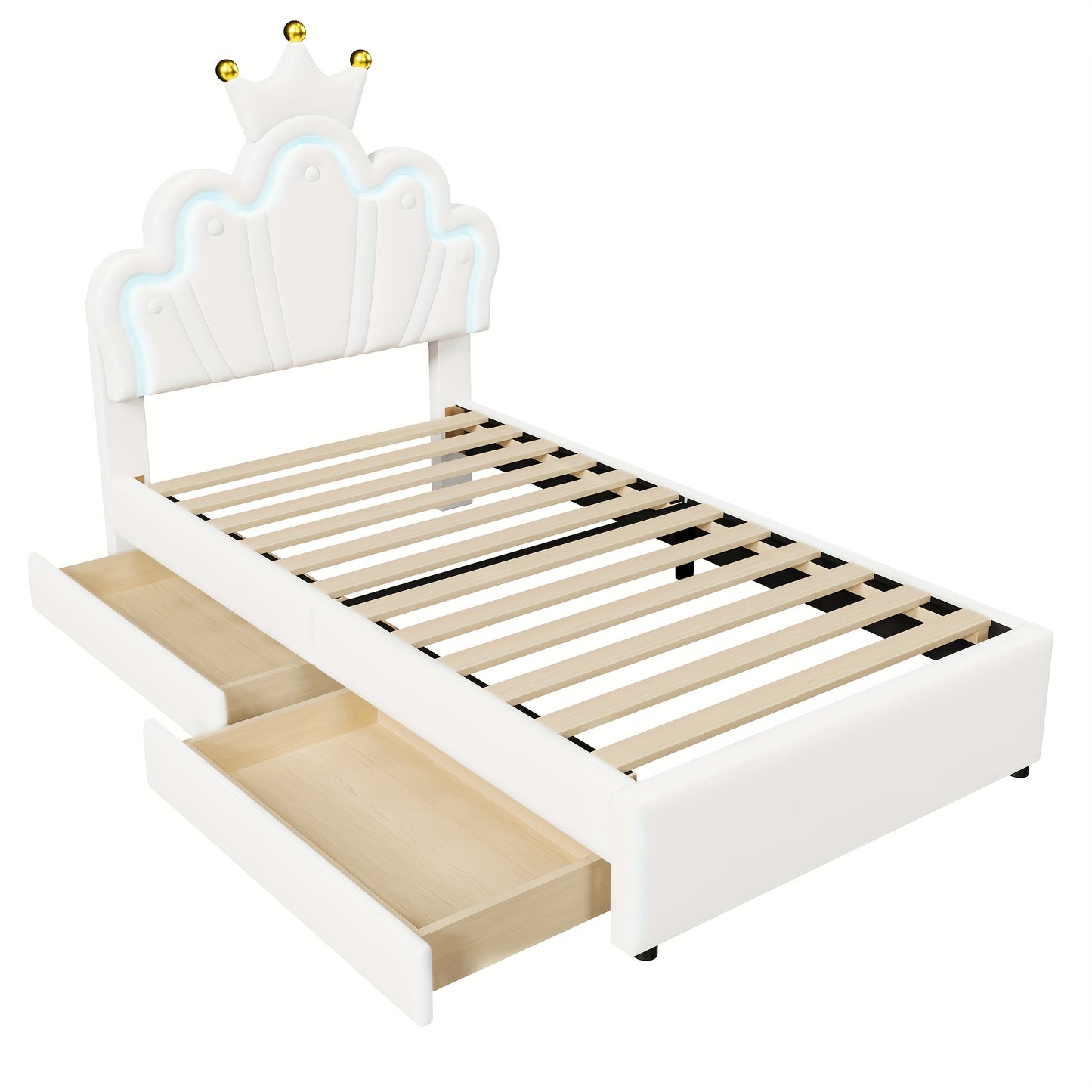 Upholstered Bed, 90 X 200 Cm, Without Mattress Crowned Princess Bed, Adjustable Headboard, White