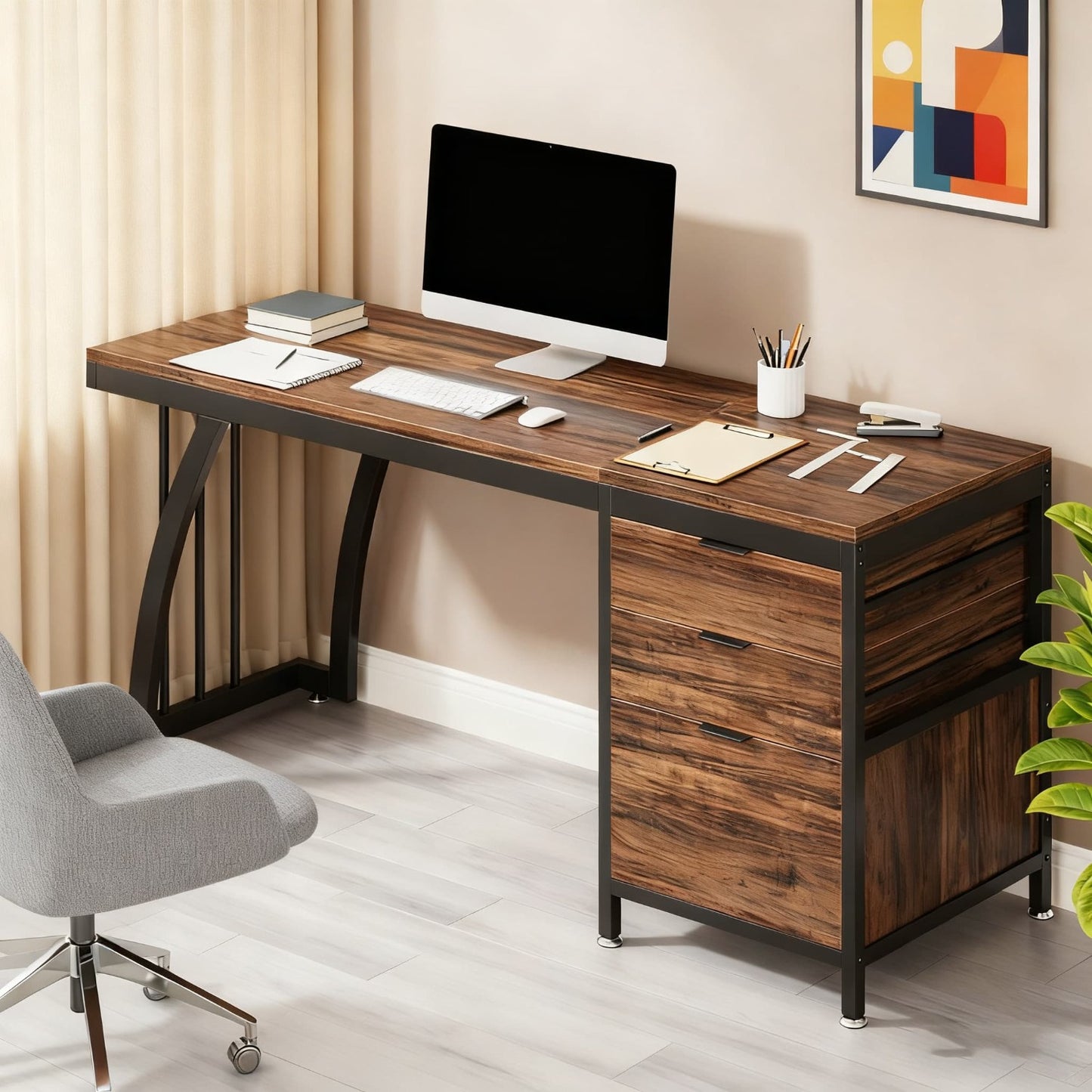 Industrieel Bureau – Computertafel – Werkplek – Schrijftafel – Bureau Met Laden – Rustic Brown – 150 cm Breed – 3 Laden Inclusief Documentlade – Verstelbare Poten – Stabiel Metalen Onderstel