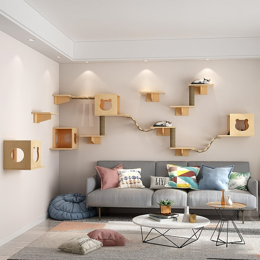 Cat Climbing Wall Set | Wood Color Cat Furniture Set with Cat House, Cat Stairs, Cat Scratching Posts, Cat Jumping Platforms - MSFE Brand